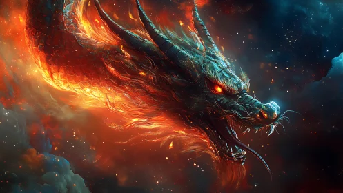 Fiery cosmic dragon head emerges with incandescent plasma trails