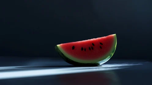 Watermelon slice in cool directional studio lighting.