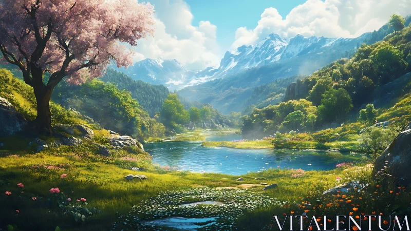 Luminous alpine lake with cherry bloom under crystalline skies.