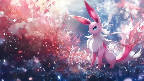 Pastel fox creature in luminous floral fantasy meadow.