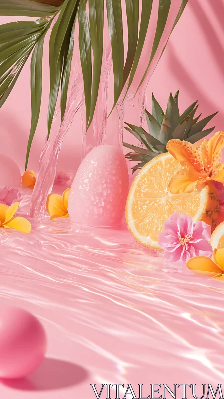 Tropical citrus cascade on glossy pink dreamwater stage.