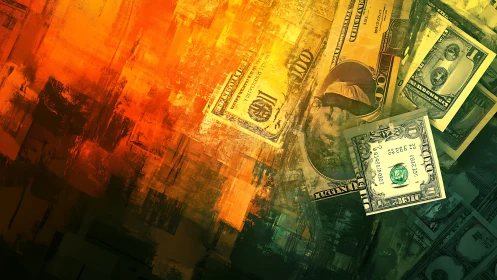 US dollar bills dissolve into abstract orange green field
