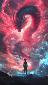 Celestial serpent dragon coils through nebular storm above warrior