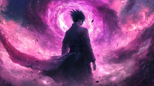 Solitary figure before luminous magenta vortex field.