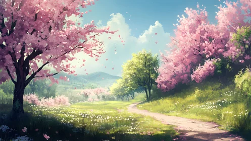 Petal-bright spring lane meandering through blossom clouds.