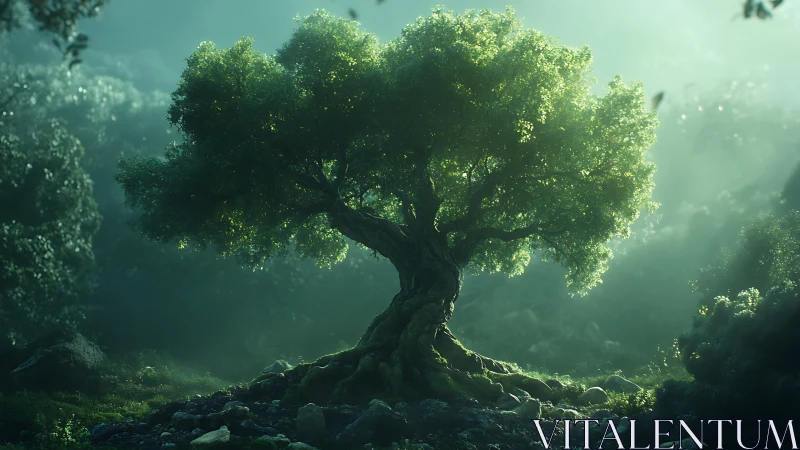 Majestic ancient tree in mystical forest, dreamy green lighting.