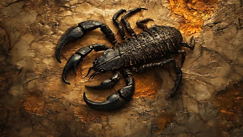 Bronze desert scorpion poised on cracked molten earth.