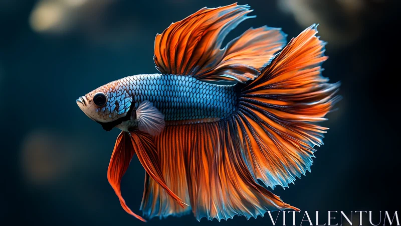 Betta fish displays vivid orange fins in dark water.