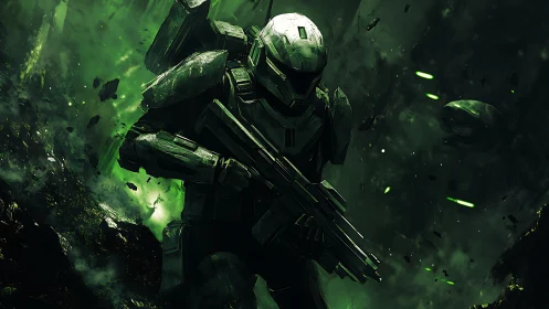 Armored sci fi infantry figure in green hostile environment.