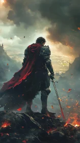 Armored warrior overlooks burning valley under storm sky