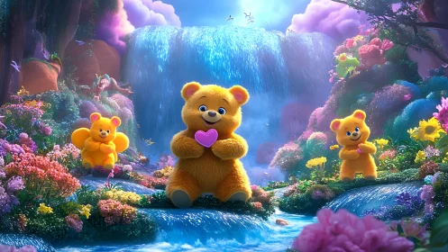 Teddy Bears' Enchanted Garden with Waterfall Paradise.