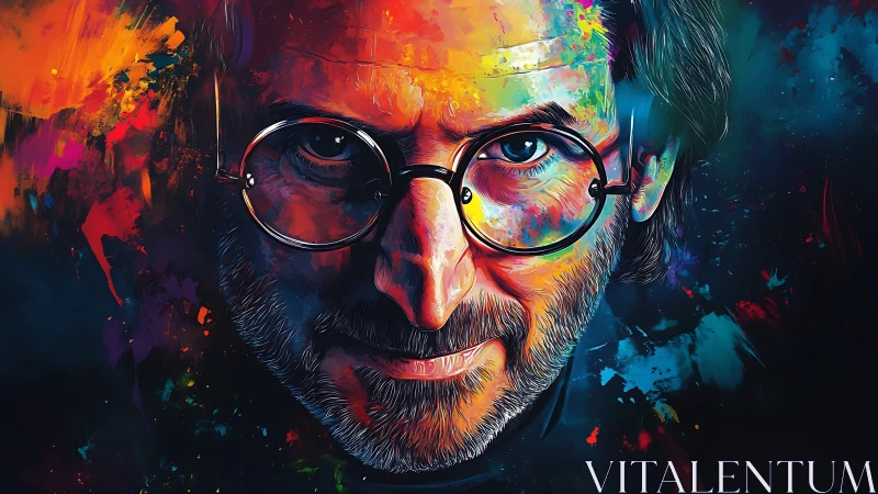 Intense frontal portrait rendered in saturated digital color fields