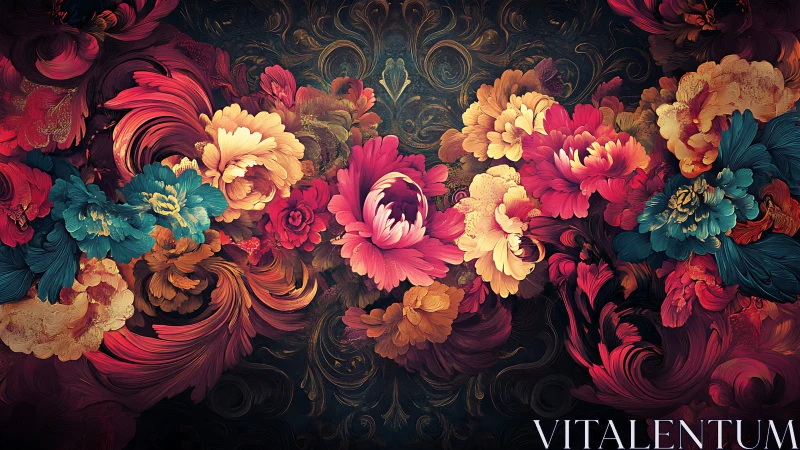 Ornamental Floral Composition with Baroque Decorative Elements.