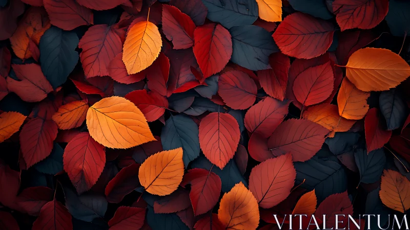 Autumn leaves in layered reds, oranges, and deep blues.