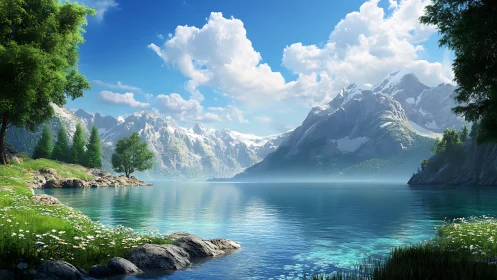 Mountain lake landscape with clear water and distant peaks.