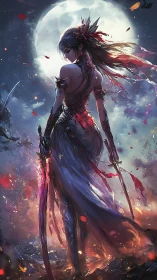 Moonlit dual-blade warrior in ember-strewn battlefield silhouette
