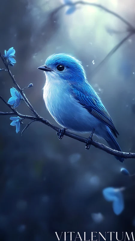 Blue Bird Perched on Branch with Glowing Flowers