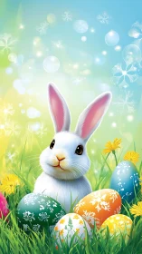 Bright-eyed spring rabbit among enchanted Easter eggs.