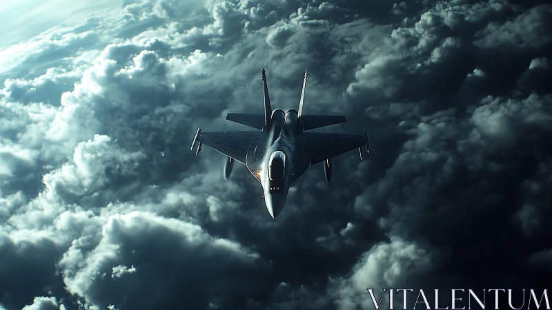 Stealth fighter jet cutting through storm cloud ceiling.