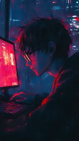 Young person types at glowing monitor in dark room