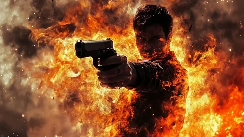 Fierce action hero framed in a storm of cinematic fire.