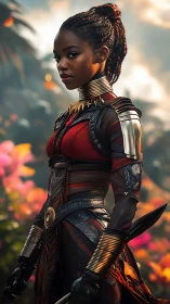 Warrior in bloom: floral-lit guardian in crimson armor.