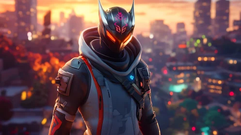 Neon-masked cyber warrior overlooks a glowing sunset cityscape.