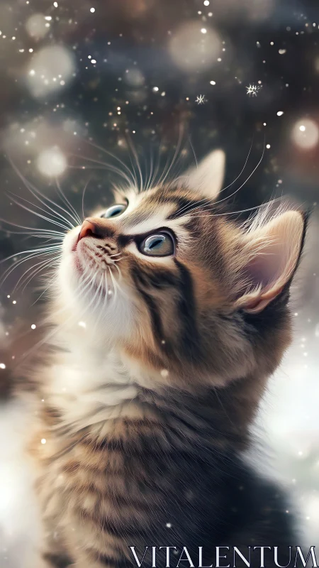 Kitten Gazing Skyward Through Snowflakes and Bokeh Light.