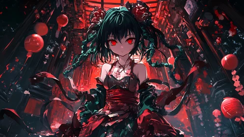 Dark anime girl in red alley with lanterns at night.