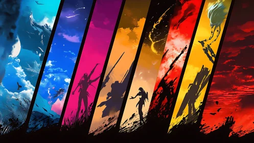 Segmented fantasy silhouettes against multicolor sky bands.