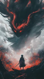 Lone warrior calmly faces a vast fiery shadow in the sky