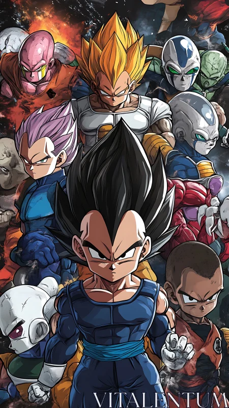 Dragon Ball style warriors lineup dominates vertical composition