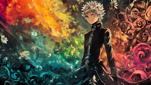White haired anime boy framed by vivid swirling colors.