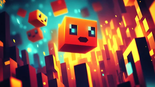 Bright pixel cubes drifting through a glowing neon city.