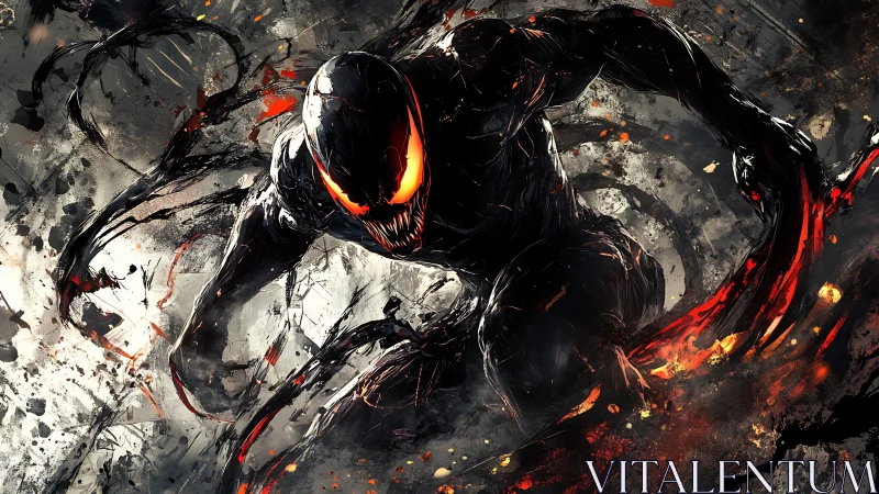 Ferocious symbiote lunges forward in chaotic inferno swirl