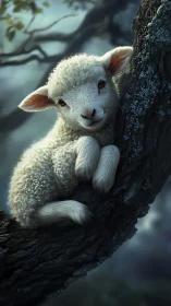 Photorealistic lamb study on mossed branch in soft forest light.