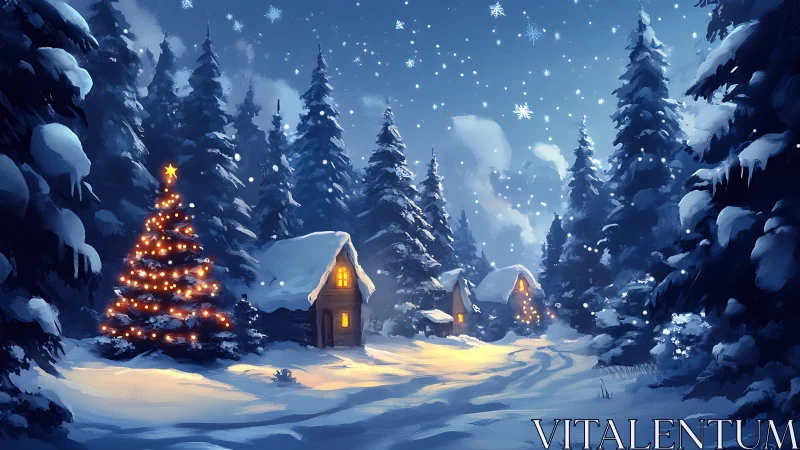 Snow-covered cabins and illuminated tree form a serene winter tableau