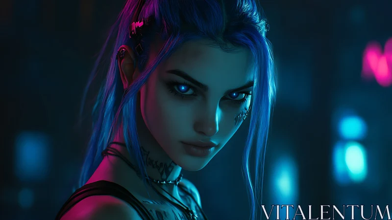 Cybernetic woman in neon rim lighting with intense blue gaze