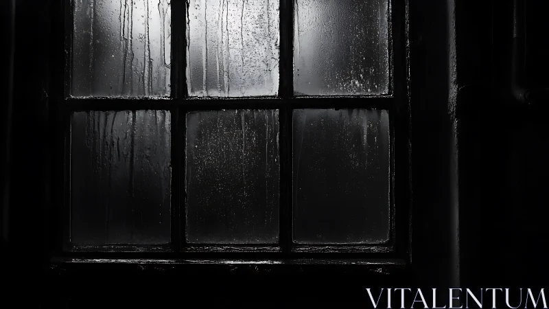 Wet multi-pane window shows streaked condensation in darkness