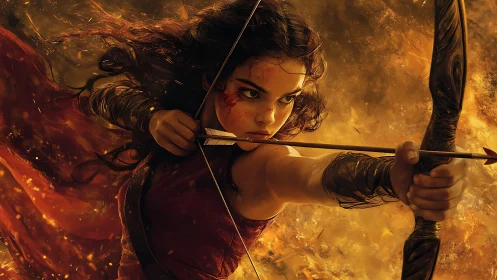 Flame-kissed archer steadies a burning arrow through chaos