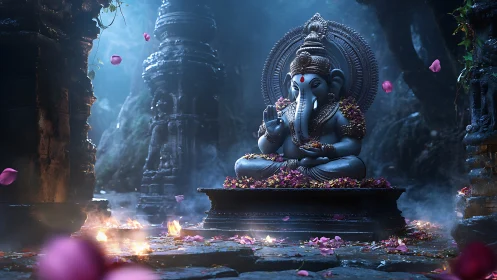 Ganesh idol in misty stone shrine with cinematic petals.