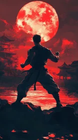 Martial moonrise vigil beneath a blazing crimson sky.