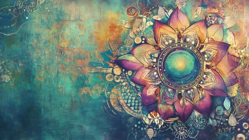 Radial mandala flower expands across textured teal field