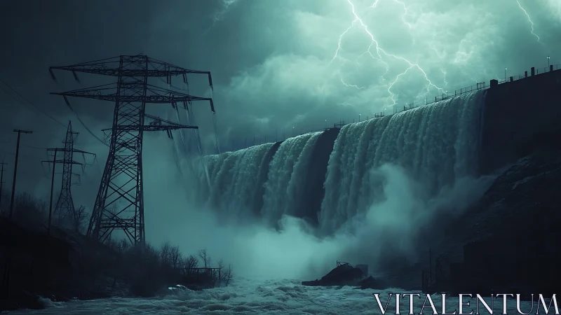 Storm-lit hydroelectric dam with high-voltage lattice pylons at dusk