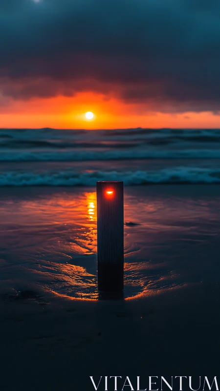 Lone futuristic beacon glows against a blazing ocean sunset.