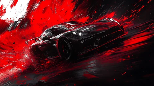 Sleek black sports car racing through bold red motion.