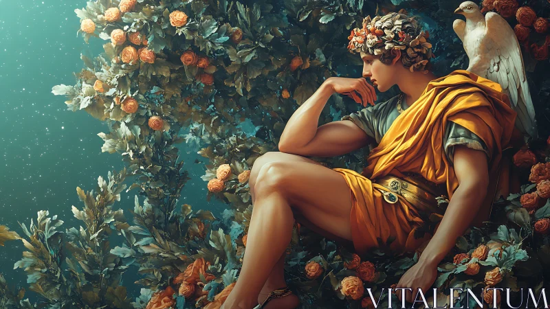 Mythic youth in golden drapery reclines amid baroque roses