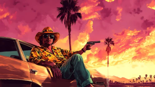 Sunset outlaw lounging beneath electric desert skies.