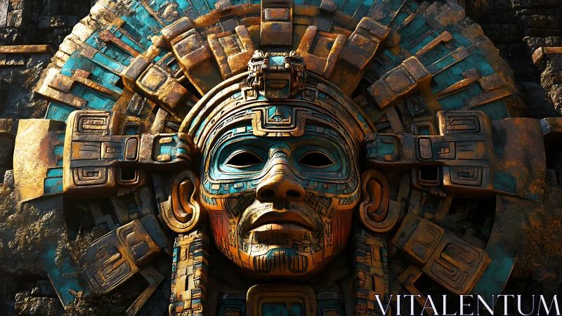 Ancient techno glyphic mask glows with mystical golden light