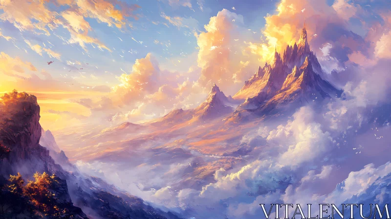 Sunrise over storybook peaks in a dreamy sky kingdom.
